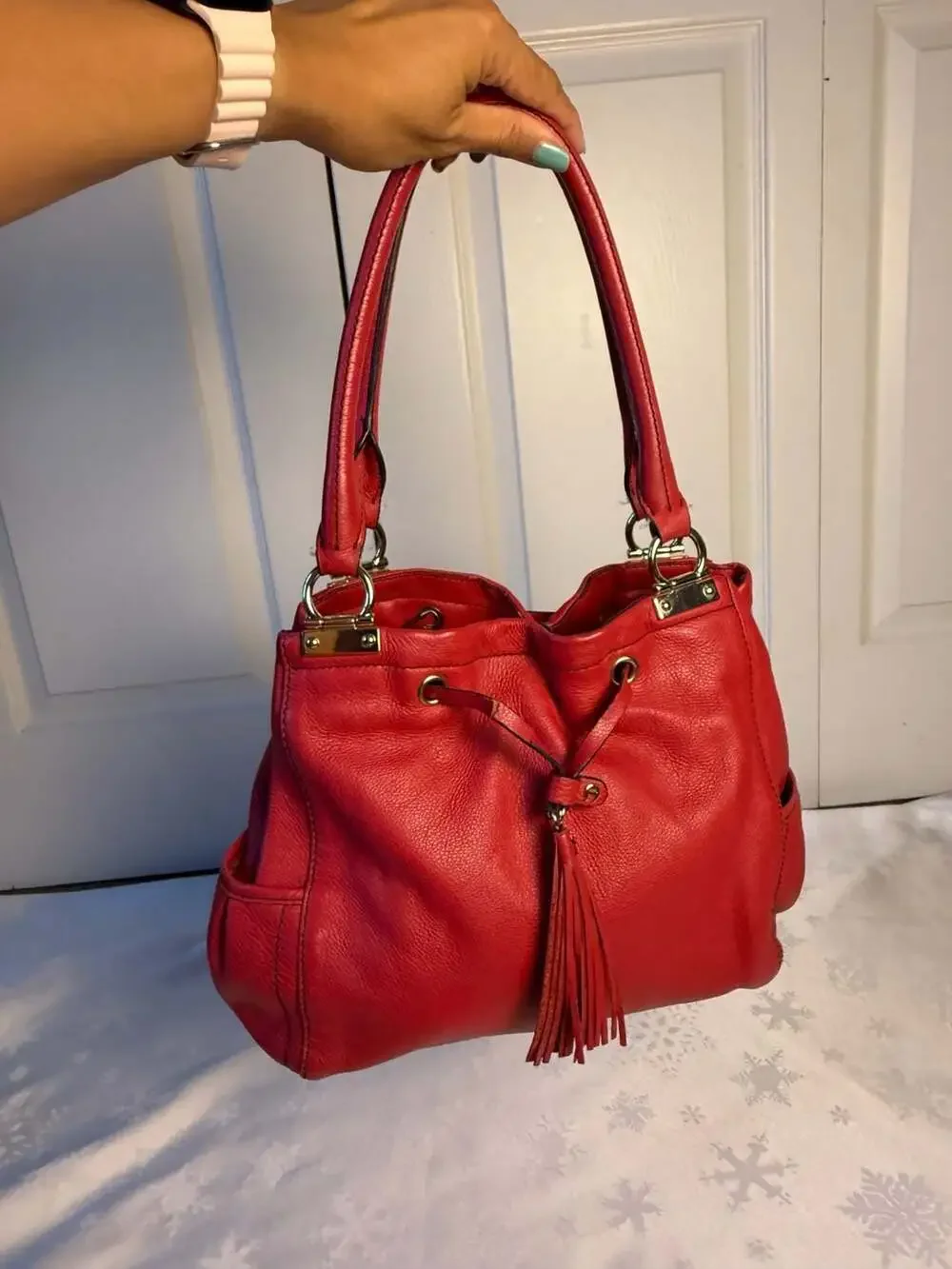 Etienne Aigner Red Leather Drawstring Tassel Shoulder Bag Y2K Boho Satchel